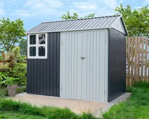 VanAcc Shed 4-pane Window Nordic Cottage Storage Shed Outdoor Metal Garden House Double Hinged Lockable Doors for Backyard Garden Patio Lawn Dark Grey/White