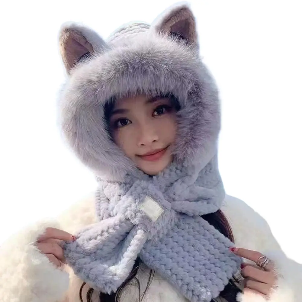 Cute Fluffy Hat Scarf Set for Girls Winter Warmth Thickened One-Piece Ear Protection Cap Integrated Mask for Cycling Outdoor Cartoon Bear Design Soft Plush Material Fleece Lined