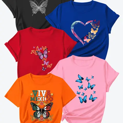 Summer New Trendy Streetwear Casual Printed Butterfly Print T-Shirt, 100% Polyester, Multi-Color, Comfortable Daily Wear, Casual Loose Fit, 5-Piece Set