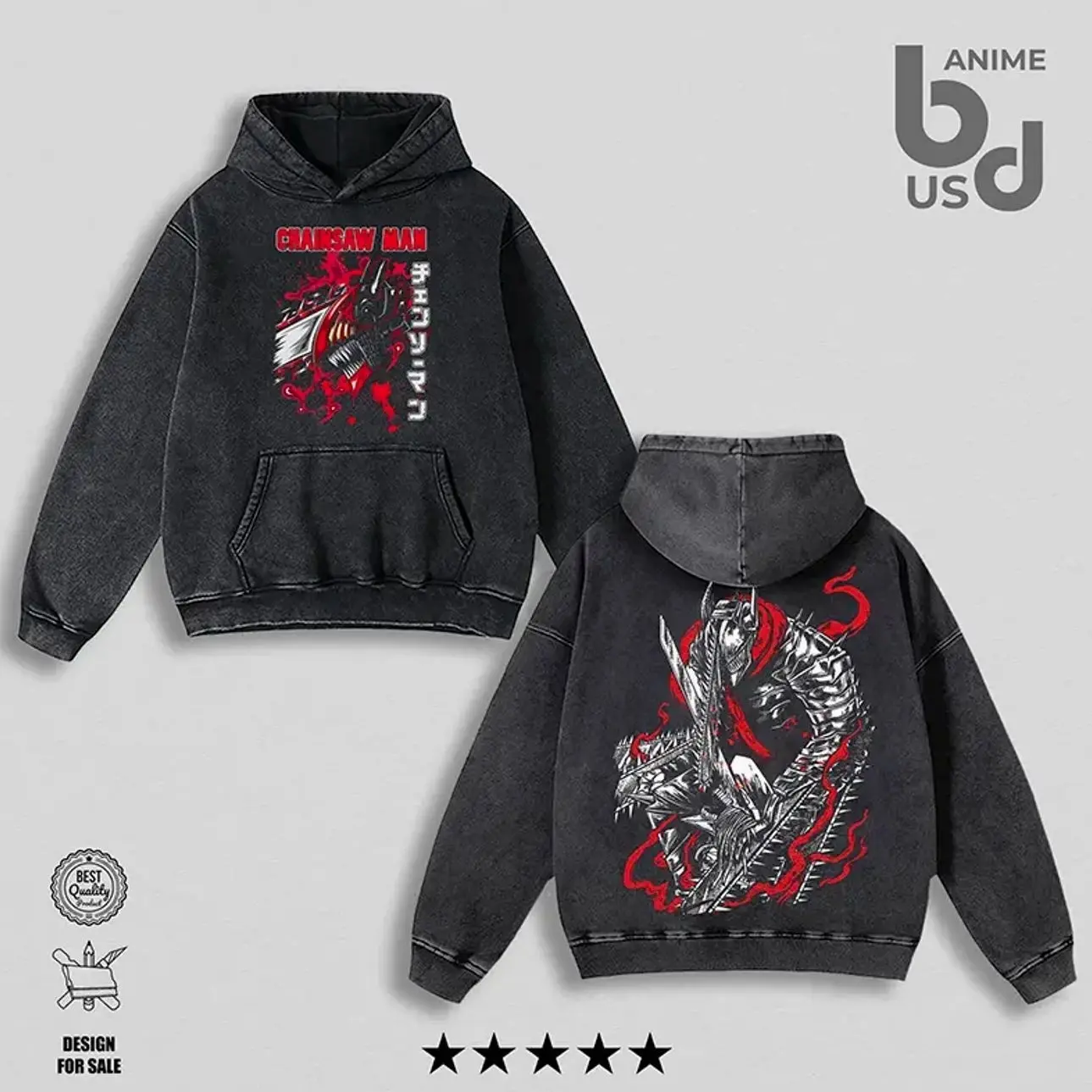 Denji Chainsaw Man Retro Hoodie Wash – Double Printed Cool Style, Oversize Unisex Cotton, Retro 90s Graphic Tee, Streetwear, Menswear, Gift For Anime Fan 763