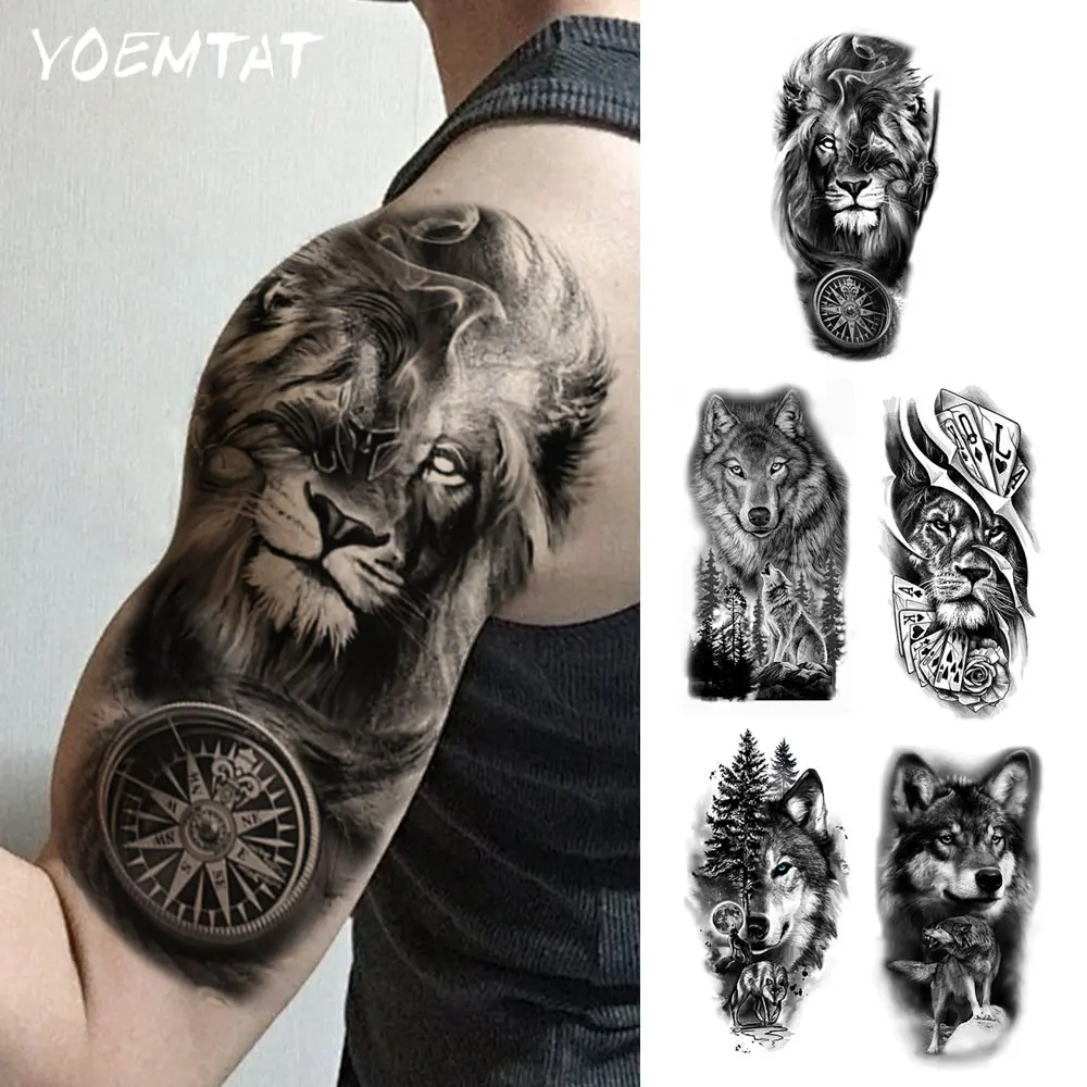 5pcs Waterproof Temporary Tattoos Stickers, Forest Animal Lion Wolf Warrior Compass Clock Body Art, Peel Off Tattoo, Arm Fake Tattoos For Women Men Waist Leg