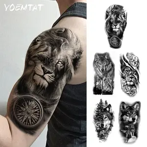 5pcs Waterproof Temporary Tattoo Sticker, Forest Animal Lion Wolf Warrior Compass Clock Body Art, Peel Off Tattoo, Arm Fake Tattoos For Women Men Waist Leg