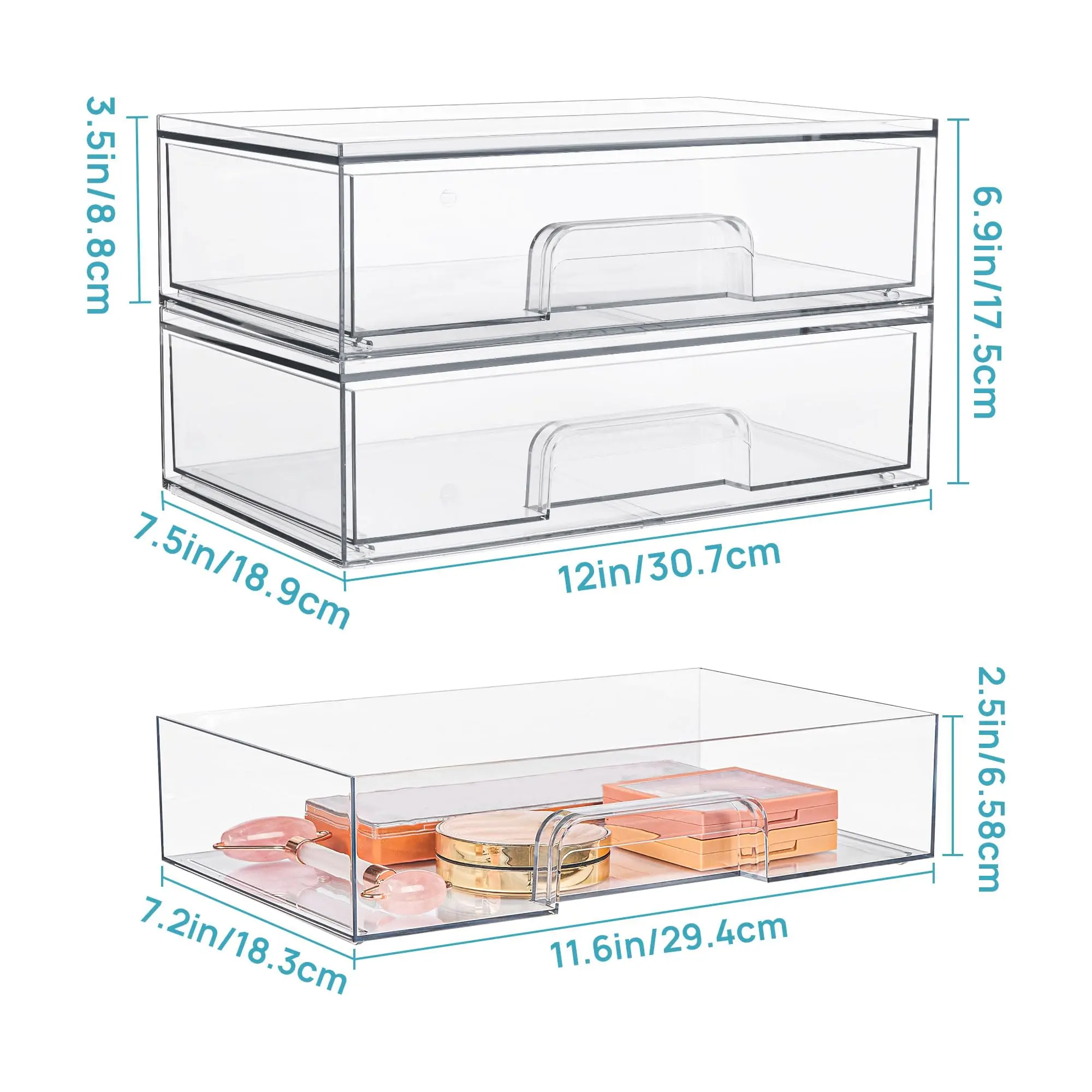 2 Pack 12''W Clear Stackable Acrylic Storage Drawers - Organizers for Makeup Palettes, Cosmetics, and Beauty Supplies, Ideal for Vanity, Bathroom, and Desk Organization