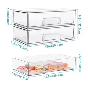 2 Pack 12''W Clear Stackable Acrylic Storage Drawers - Organizers for Makeup Palettes, Cosmetics, and Beauty Supplies, Ideal for Vanity, Bathroom, and Desk Organization