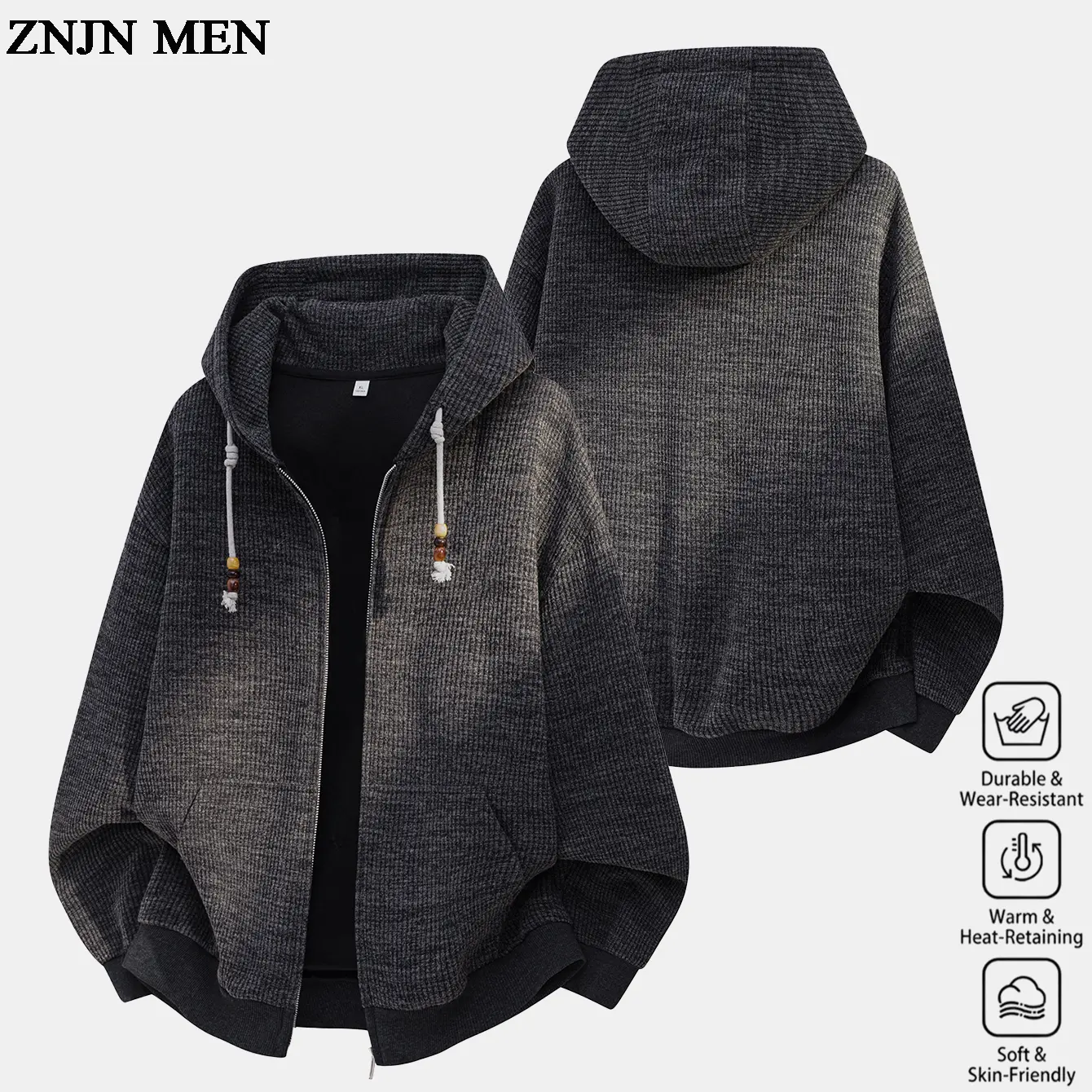 Men's Vintage Knit Full Zip Hooded Sweatshirt, Oversized Long Sleeve Streetwear Top with Wooden Bead Drawstring and Ribbed Cuffs, Tops, Elastane, Casual Hooded Coat, Outdoor Casual, Full Zipper, Bead Drawcord, Cold Wash, Loose-Fitting, Machine Washable, P