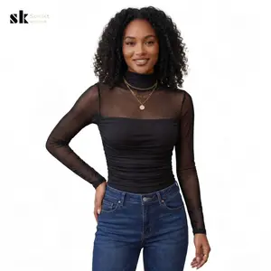Women's Long-Sleeve Top | High-Neck Slimming Mesh Top | Mesh-Paneled Fitted Top | Outerwear | Spring/Summer Style