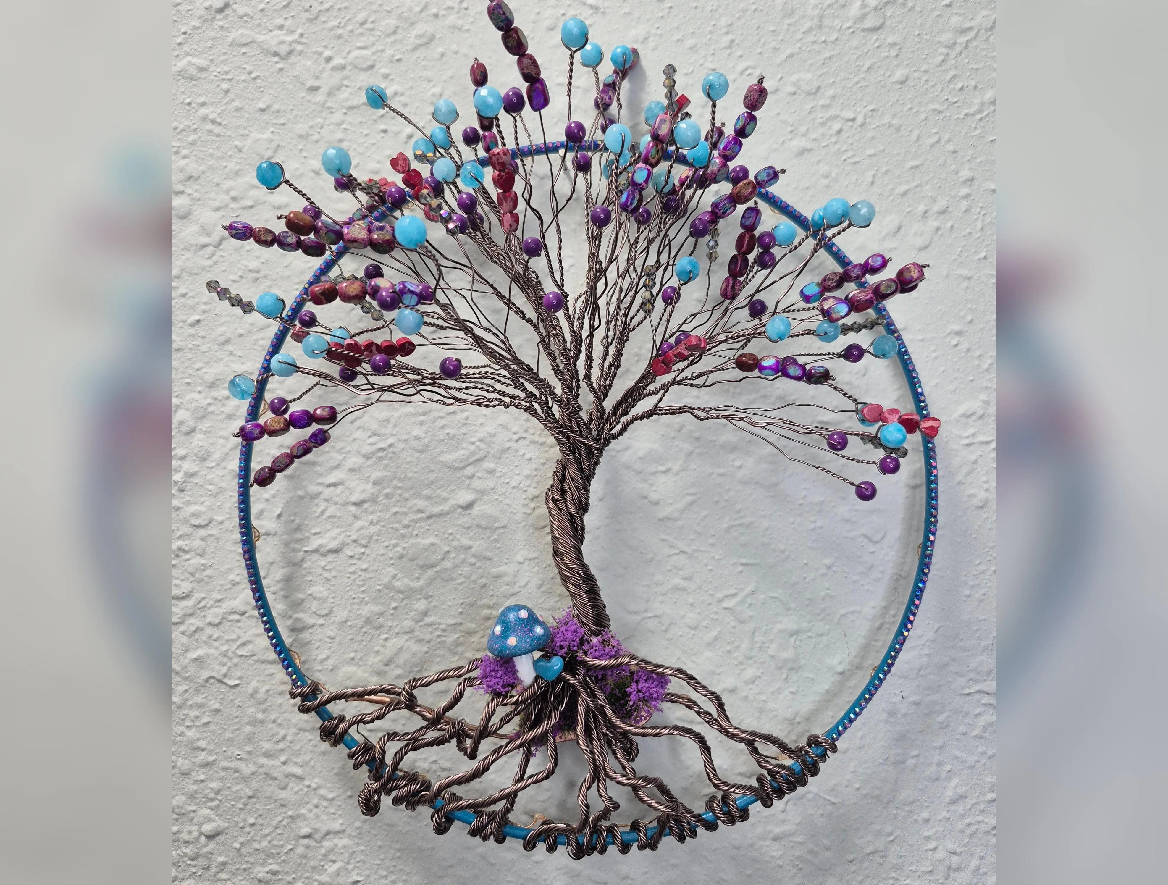 10" Wire Tree of Life Wreath: Chalcedony, Natural Stone, Fairy Lights