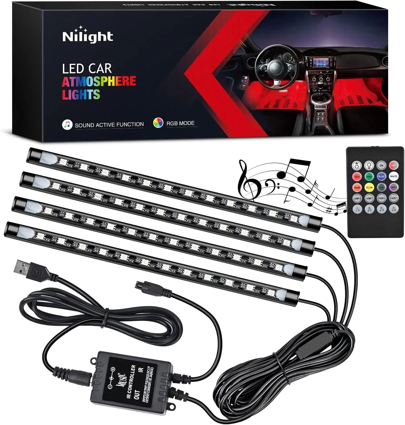 Nilight 48-LED DC 5V Multicolor Music Strip Light Kit, Under Dash Led Car Ambient Light with Sound-Active Function & Wireless Remote, 4PCS USB Auto Accessories Interior Decorative Kit, Car Decorative Light