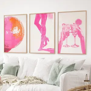 Preppy Pink Room Decor, Funky Wall Art, Art Print Set of 3, Girly Wall Art, Disco Ball Poster, Hot Pink Wall Art, Trendy Prints, Large Décor