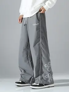 Men's Cross Print Sporty Wide Leg Pants, Drawstring Elastic Waist, Flowy Straight Fit Running Casual Long Trousers
