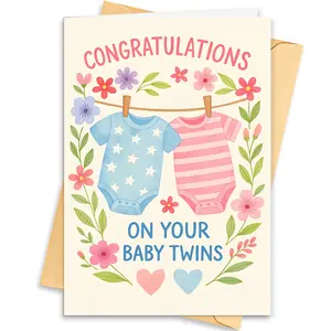 1pc Twin Baby Blessing Card & Envelope Set Blank Paper for Newborn Congratulations Gifts Features full English blessing: “CONGRATULATIONS ON YOUR BABY TWINS” Warm and Fresh-Themed Greeting Card