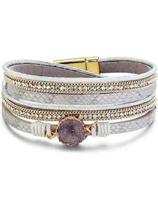 Stylish 1 Pc Grey National Style Wrap Bracelet Braided Leather Rope Handmade Multi-Layer Cuff Bangle for Women Men As A Gift for Best Friends Use for Clothing Matching Stackable Bracelets