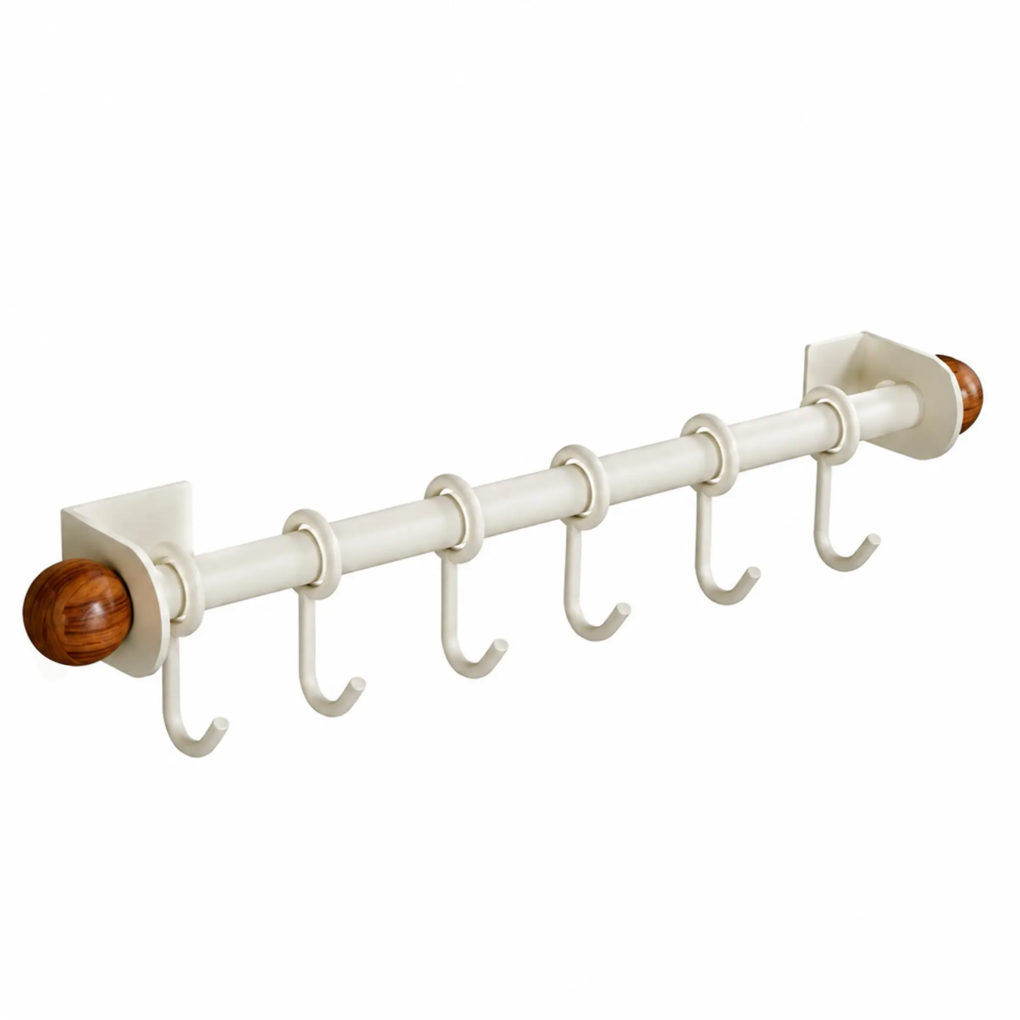 Wall Mounted Kitchen Utensil Holder, 11.8" No-Drill Sliding Rack with 360° Rotating Hooks, Aesthetic Cream & Wood Hanging Organizer for Pots, Pans, and Mugs