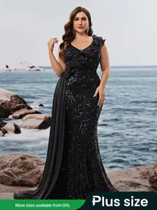 Elegant Plus Size Slim Fit Woven Formal Evening Dress, Fashionable Ruffle Belt Design, Perfect for Parties, Ballrooms, Birthdays