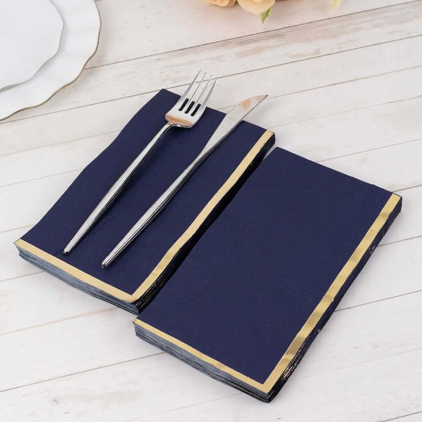 Disposable Napkins, 50-Pack Bulk Rectangular 2-Ply Double Disposable Paper Dinner Napkins, Navy Blue with Gold Foil Edge, Birthday Party Supplies for Home Festive Use, Bulk Pack