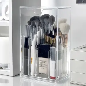 1 set of transparent acrylic cosmetics storage box, Beauty supplies organizer, minimalist style, 17 compartment dressing table storage rack, multi compartment makeup brush and lipstick display rack, suitable for dressing tables and bathrooms