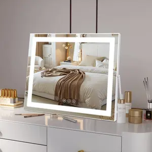 INMTFEI Hollywood Vanity Mirror with LED Light Strip, 58×46cm Lighted Makeup Mirror, 3 Color Modes, Touch Dimming, 5X Magnifying Mirror, Type-C Powered, White Metal Frame for Bedroom & Dorm