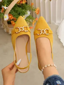 Women's Elegant Pointed Toe Sandals, Metal Buckle Design, Fabric Upper, Low Heel Flat Shoes, All Season Comfort Walking Shoes, Footwear