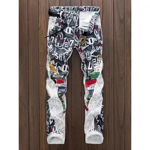 Men'S Punk Style Slim-Fit Jeans - Vibrant Pop Art Print, Mid-Rise Casual Denim with Zipper Closure, Cotton Blend