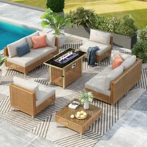 8-Piece Patio Furniture Set with 43" Fire Pit Table, Outdoor Conversation Set & 60,000 BTU 43 Inch Rectangle Propane Fire Pit with Water Resistant Beige Thick Cushions, Beige