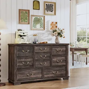 RaybeeFuriture Farmhouse 9 Drawer Dresser for Bedroom, 52" Wooden Dresser with Vintage Design, Hallway, 15.6" D x 52" W x 36" H