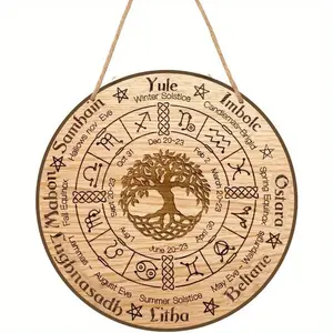 Yearning Wooden Plaque - 9.2 Inch Round Handmade Pagan Calendar, Zodiac Moon Phase Holiday Decor, Ideal for Witch Altar Halloween