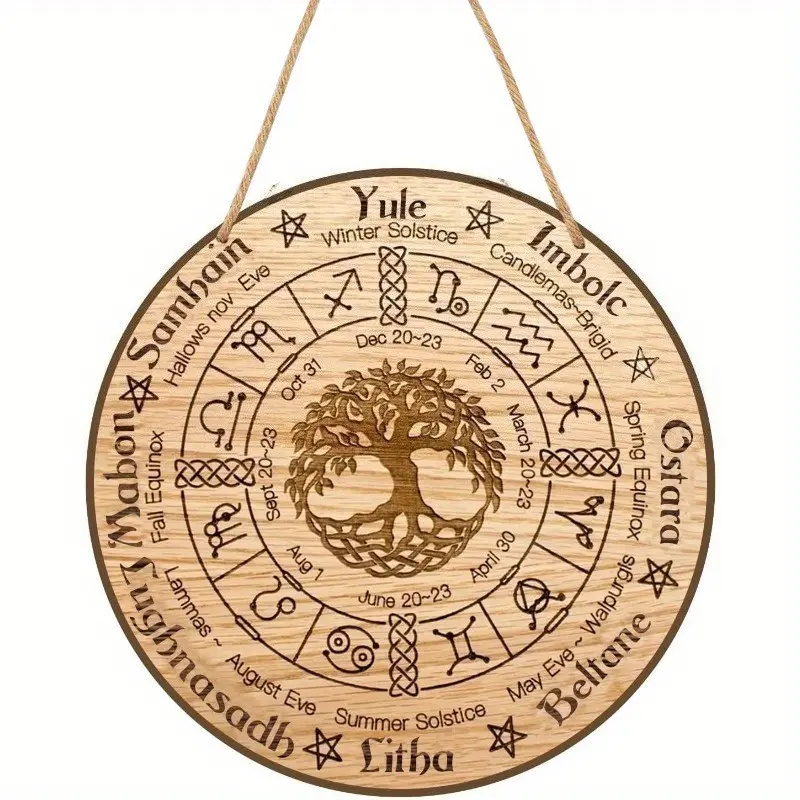 Yearning Wooden Plaque - 9.2 Inch Round Handmade Pagan Calendar, Zodiac Moon Phase Holiday Decor, Ideal for Witch Altar Halloween