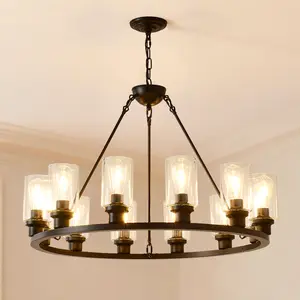 12-Light Wagon Wheel Farmhouse Modern Matte Black & Wood Chandelier Light Fixture, Adjustable Hanging Ceiling Light for Dining Room Kitchen, Model 392768