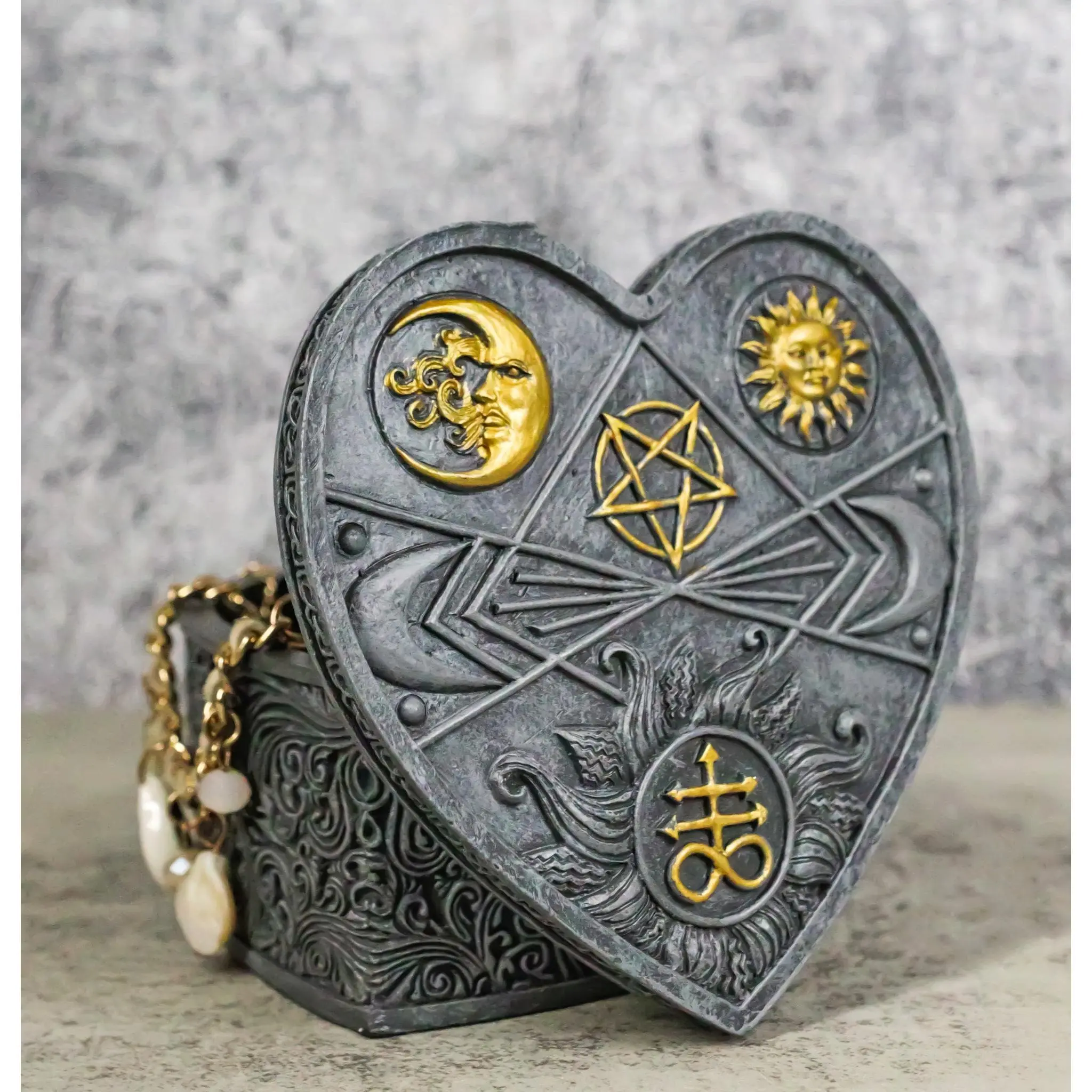 Hand-Polished Astrology Themed Trinket Jewelry Box - Sun, Moon, Baphomet, Pentagram, Heart-Shaped for Home, Garden Decor