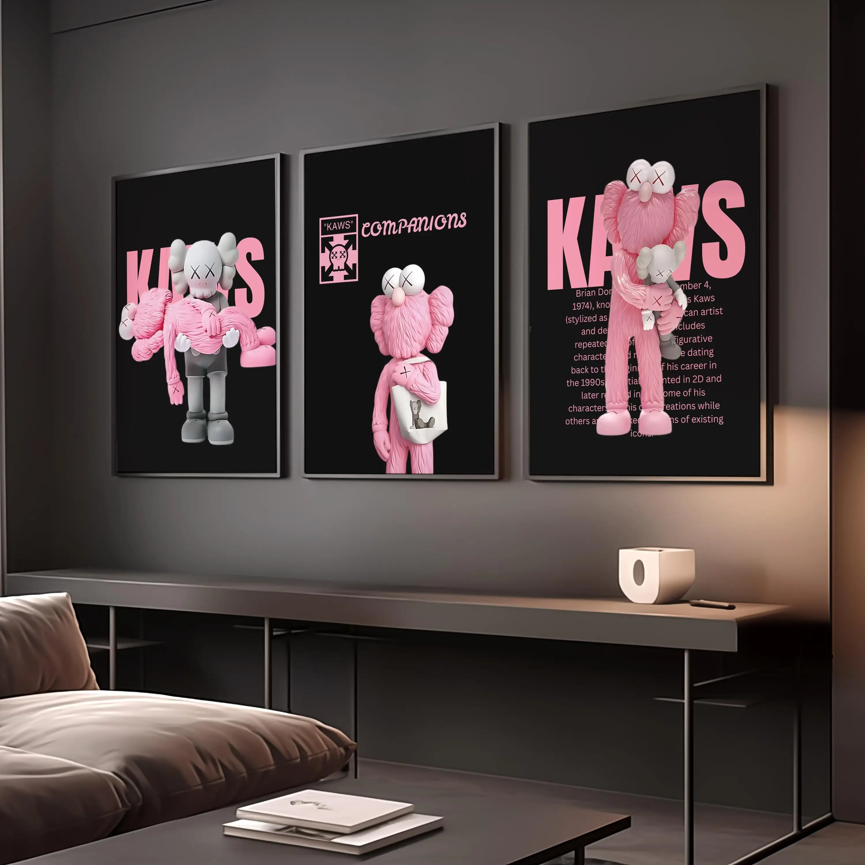 Pink KAWS 3-Piece Graffiti Art Poster Set, Hypebeast Minimalist Water Resistant Home Decor, Multi-Size Premium Paper Wall Prints, Gift for Art Lovers