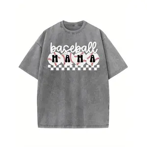 2026 Trendy Oversized Washed Cotton Baseball Mom Pattern T-Shirt- Checkerboard and Stitching Details, Soft and Breathable Unisex Plus Size Casual Top, Mother's Day Gift for Active Moms, Summer Short Sleeve Crew Neck Shirt, Loose Fit Vi Washed Cotton
