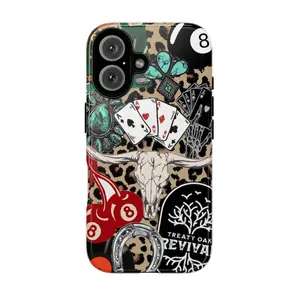 Western Leopard Lucky 8 Ball Phone Case for iPhone 11-17 Pro Max/Plus/Air & Samsung S22-25 |   Skull, Horseshoe, Cherry |   Country Rock Gift