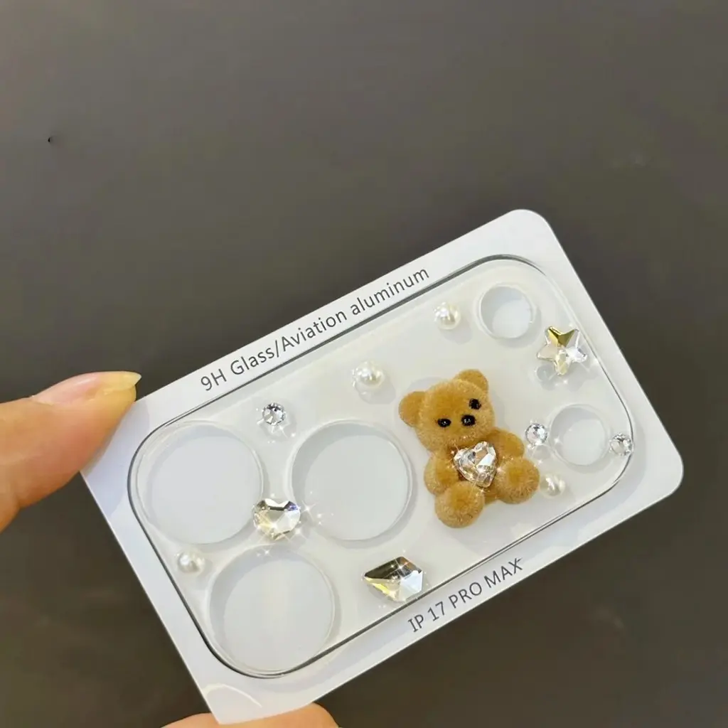 Creative Cute Rhinestones Pearl Bear Decoration Camera Lens Protector for iPhone 17 Pro Max 17 Pro Protective Glass Lens Smartphone Lens Attachment Decorative Lens