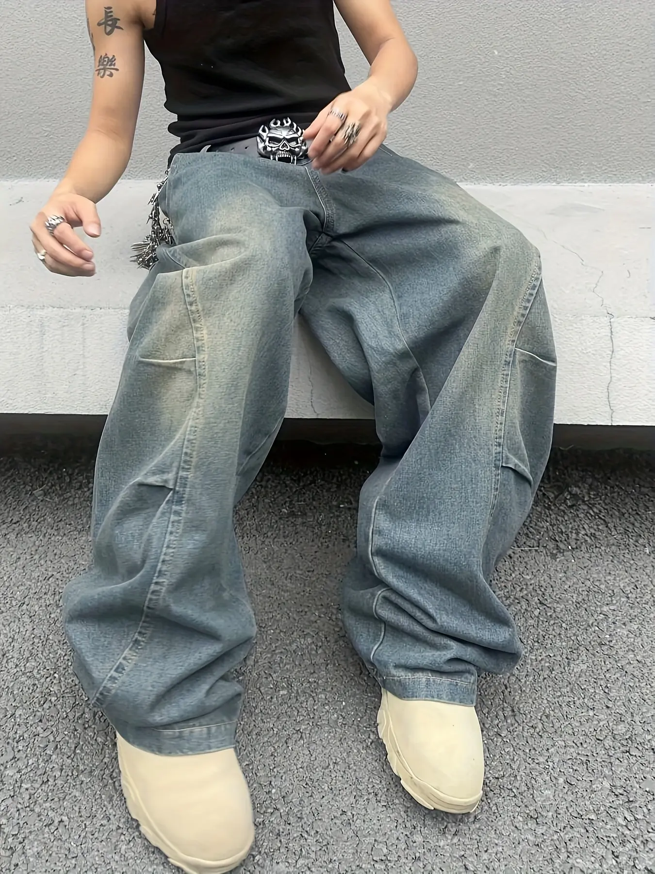 Men's Denim Overalls, Casual Baggy Knee-Length Streetwear with Pockets, Solid Color Smooth Cotton Polyester Blend, Plain, Men's Stuff, Male Clothing, Baggy Pants, Comfy Pants, Casual Wear, Jeans