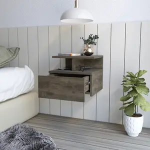 【GOOGREAT】Floating Nightstand Flopini, One Drawer, Dark Walnut Finish