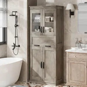 67" Tall Gray Bathroom Cabinet with 4 Doors & Flip Glass Drawer, Storage Cabinet with Adjustable Shelves, Freestanding Organizer for Kitchen, Pantry, Living Room