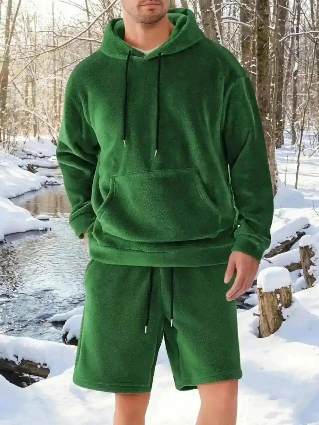 2026 Men's 2-Piece Autumn and Winter Hooded Sweatshirt Drawstring Pockets Shorts Set, Soft Fleece Material, Loose and Comfortable Fit, Casual Sporty Sportswear Suits, Fall Jacket Men's