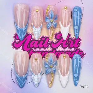 Delicatething Y2K Style Long Sharp Nail Tips, Handmade Wearable Nails, 4 Sizes XS S M L, Blue French Design, Floral Motifs, Nail Art Design, Perfect Gift for Women