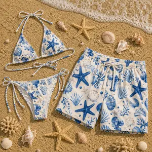 Couple Matching Beach Swimwear Set - Men’s Swim Trunks, Women’s Tropical Shell Print Bikini - Summer Vacation Hawaiian Bathing Suits for Sports & Outdoor Use