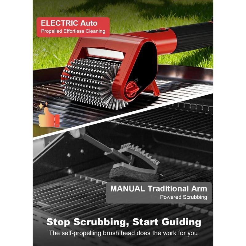 Electric Rechargeable Grill Brush, 650RPM Spinning Stainless Steel Bristle BBQ Brush, Bristle-Free Grill Cleaner for Outdoor & 2 PCS Scouring Pads - Heavy Duty Cordless Electric Tool with LED Light