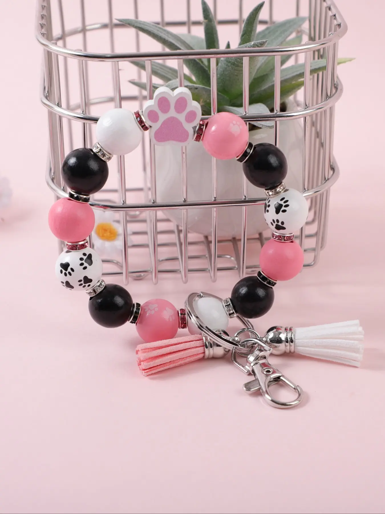 Cute Sweet Wrist Keychain, Beaded Soft Paw Print Design, Swinging Tassels, Perfect Gift for Friends & Holidays, Keychain Kawaii, Beaded Wristlet Keychain, Aesthetic Keychain, Cute Keychains