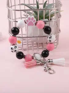 Cute Sweet Wrist Keychain, Beaded Soft Paw Print Design, Swinging Tassels, Perfect Gift for Friends & Holidays