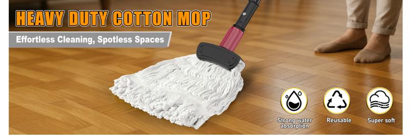 Commercial Mops for Floor Cleaning - Looped-End Heavy Duty Wet Mop with Long Handle for Hardwood Wood Tile Vinyl - Reusable Cotton Head for Home Garage Kichen Bathroom