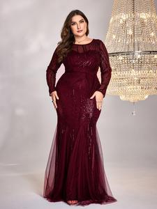 【plus size】 solid contrast sequins dress, elegant round neck long sleeve evening party gown, women's clothes for spring & fall, dresses for women, women's clothing, womenswear, formal classy modest dresses