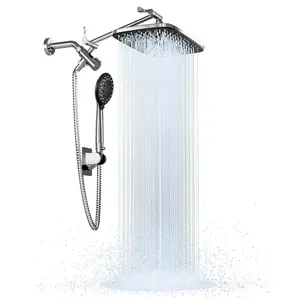 12 Inch High Pressure Rain Shower Head Combo with Adjustable Extension Arm - Wide Rainfall & 5 Spray Handheld Showerhead - Dual Anti-Clog Nozzles for Ultimate Shower Experience, Silver Chrome