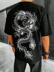 Men's Y2K Aesthetic Graphic Tee, Black Oversized Short Sleeve Shirt With Traditional Dragon Pattern, Ideal For Streetwear & Summer