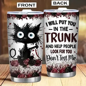 Funny Cat 20oz Stainless Steel Tumbler – “I’ll Put You in the Trunk” Black Cat with Roses, Double-Wall Insulated Travel Mug, Birthday & Holiday Gift reusable vacuum drinkware beverage coffee bottle t show supervisor mug father day
