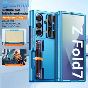 for Galaxy Z Fold 7 With Card Holder,Built-in HD Protector,Hinge Protection,Slide Camera Cover,Rugged Wallet Phone Case-Sky Blue