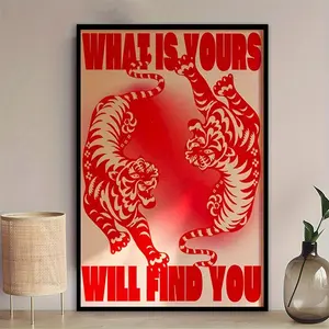 Vintage 70s Psychedelic Tiger Canvas Art Print - Red and Black Stripes "What Is Yours Will Find You" Motivational Wall Decor for Bedroom, Living Room, Office - Indoor/Outdoor Vintage Aesthetic Home Decor, Interior Wall Decor |   Psychedelic Tiger Design |