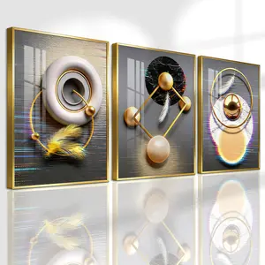 3 Count Aluminum Alloy Frame Canvas, Fashion Poster, Abstract Geometric Gold And Feather Art, Modern Living Room Decoration, Light Luxury Family Art, Suitable For Bedroom, Corridor And Office Wall Decor, Gift